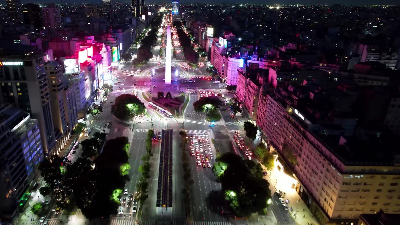 Night downtown Buenos Aires Argentina. Night panning wide landscape of tourism landmark downtown district Buenos Aires. Tourism landmark. Outdoor downtown city. Urban scenery of Buenos Aires city.