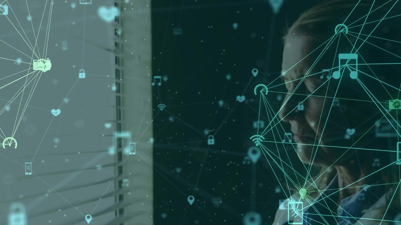 Vertikal video: Ældre læge vipper, mens en telefon vises, og sundhedsikoner linker til patientdata.