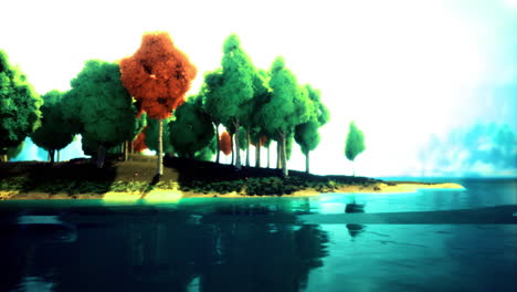paisaje vibrante de la isla con árboles de colores y reflejos de agua tranquila