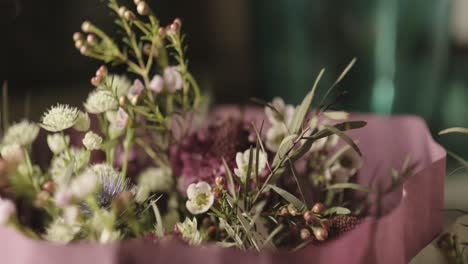 zooming in on a colourful flower bouquet arrangement.