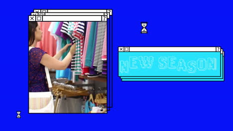 animación del texto de la nueva temporada en una ventana apilada, con ropa de mujer comprando en la tienda