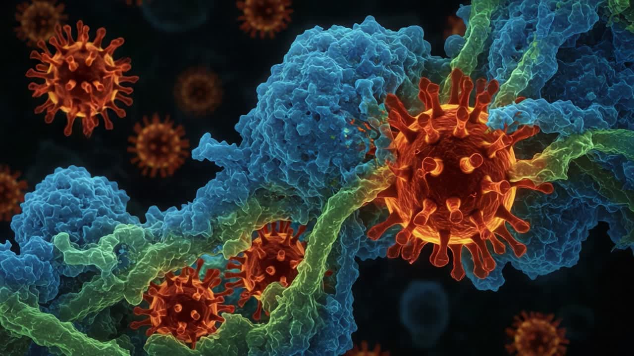 Detailed Visualization of Viral Particles Interacting with Immune Cells, Showcasing the Complex Dynamics of Infection and Immune Response at the Microscopic Level