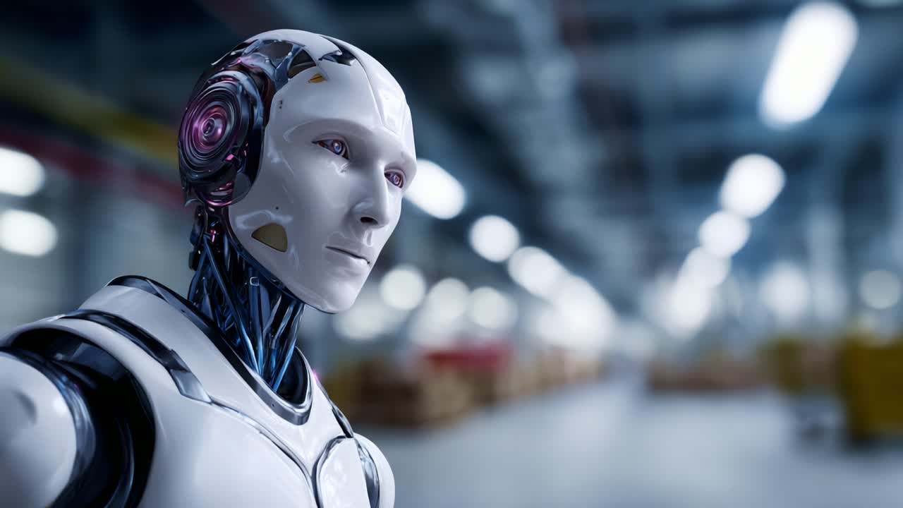 Un robot umanoide futuristico con un design elegante e dettagli intricati, che mette in mostra tecnologia avanzata e intelligenza artificiale in un ambiente industriale