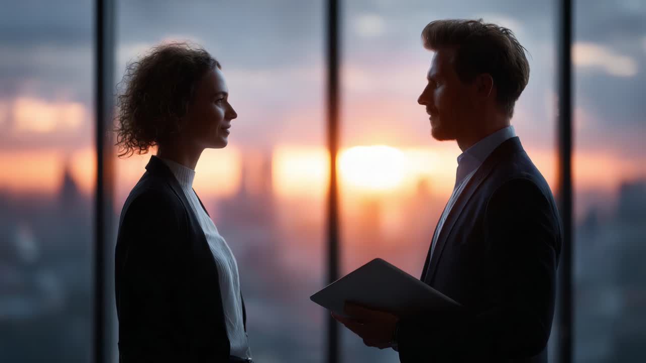 Due professionisti impegnati in una conversazione significativa durante il tramonto, che mette in risalto il legame tra loro mentre le silhouette si stagliano su un bellissimo skyline urbano