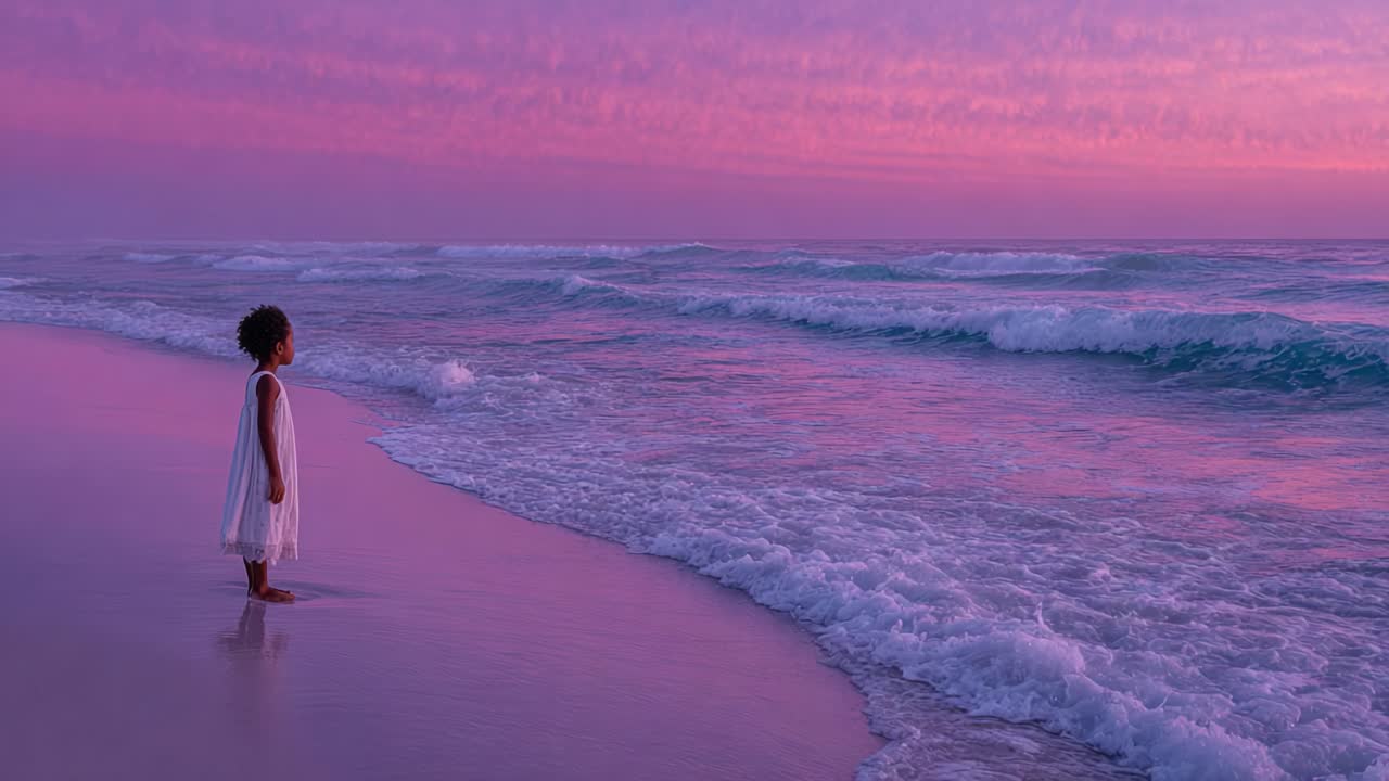A serene moment captured at sunset with a child standing by the water's edge, gazing thoughtfully at the gentle waves and vibrant colors of the sky reflecting on the ocean