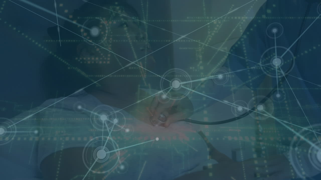 두 인종의 여성 환자를 치료하는 의사에 대한 연결 네트워크의 애니메이션