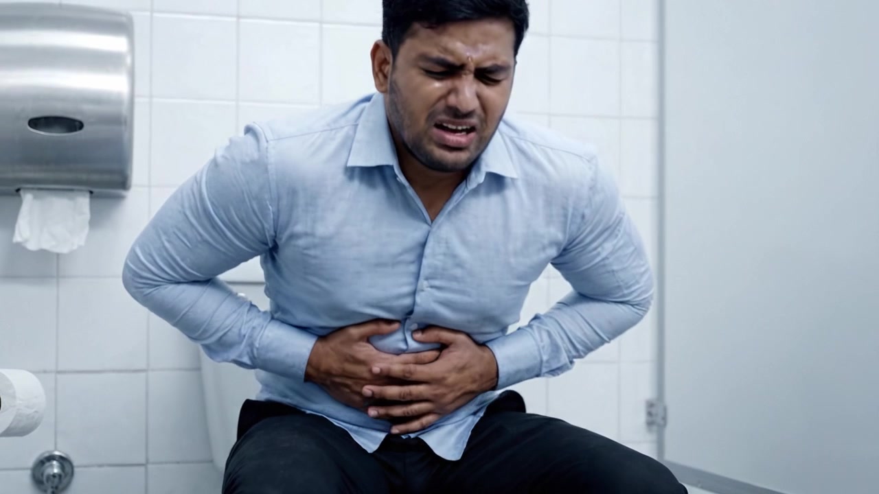 A Man Experiencing Intense Discomfort in a Restroom: A Visual Narrative of Strain and Distress While Seeking Relief in a Bathroom Setting