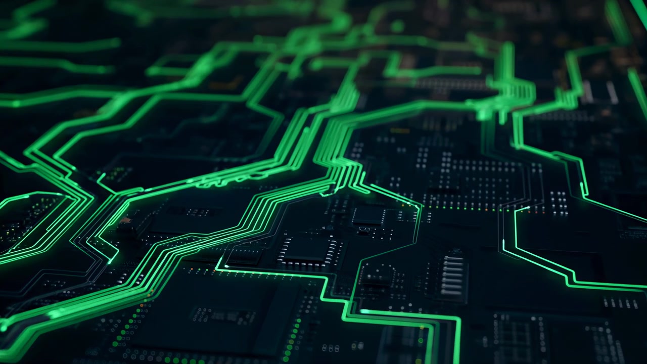 Close-up view shows dark printed circuit board with microchips, solder points, surface-mounted components, neon green conductive traces, layered pathways, precise geometry, reflective details, and