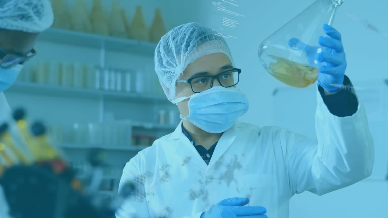 Colleague pointing, researcher examining flask and testing in lab while overlays annotating data