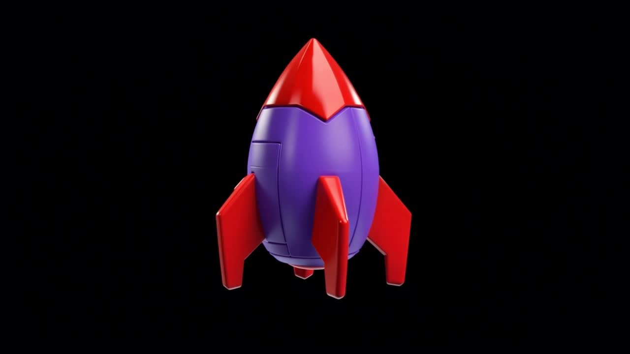 Razzo animato in 3D viola e rosso che ruota su sfondo nero.