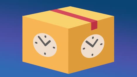 Animación-Digital-De-La-Caja-Del-Paquete-De-Entrega-Con-El-Tictac-Del-Reloj-Sobre-Fondo-Azul.