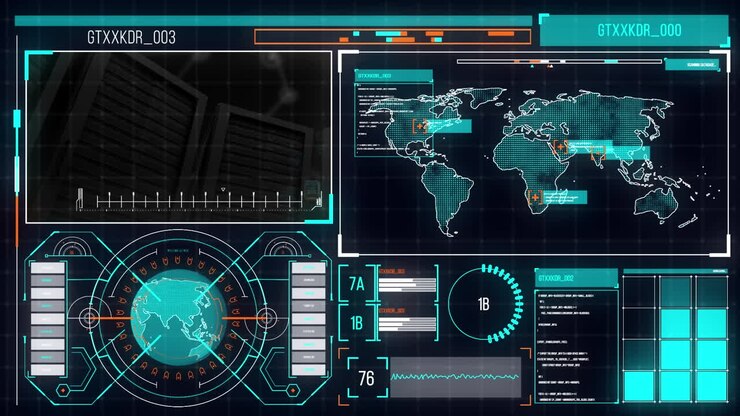 Animation of interface with data processing against computer server room