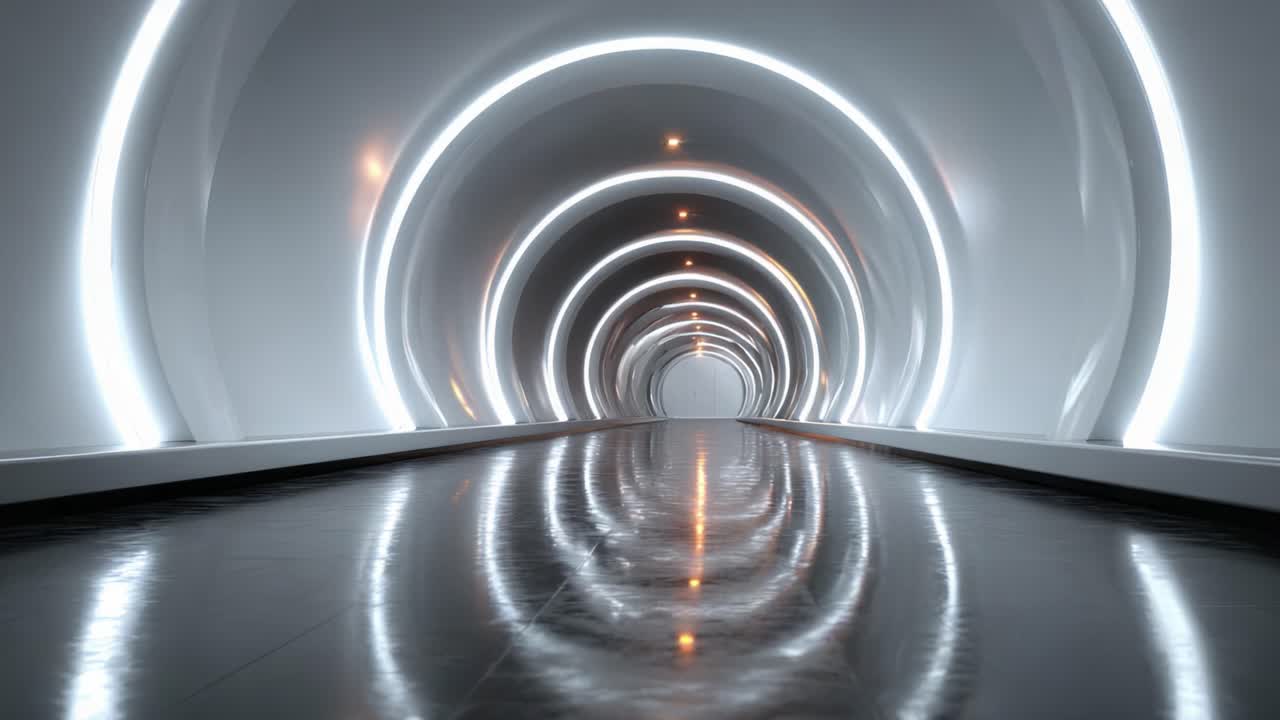 En futuristisk tunnel med reflekterende overflader og cirkulære lys, der tilbyder en rejse ind i et moderne, elegant miljø inspireret af teknologi og arkitektur