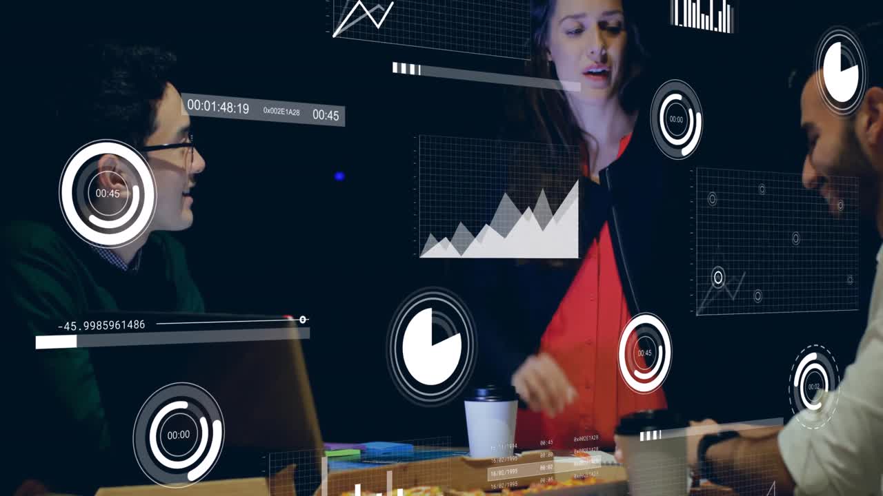 Animation of data processing over diverse business people in office