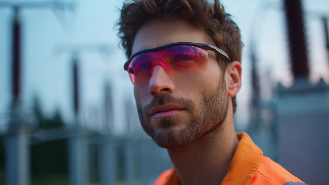 A Focused Electrical Worker in Safety Gear with Protective Glasses at a Power Station, Captured in the Evening Light, Symbolizing Commitment to Safety and Precision in High-Voltage Environments