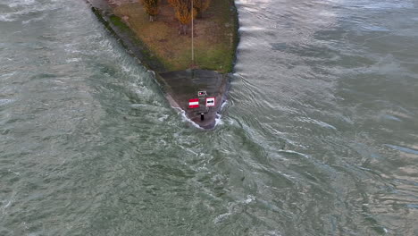 high water level in rhine river hydroelectric power plant channel, drone side pan 4k