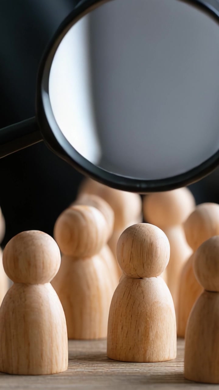 A Focused Exploration of Collective Intelligence: Wooden Figures Under a Magnifying Glass, Symbolizing Analysis and Attention to Detail in Group Dynamics