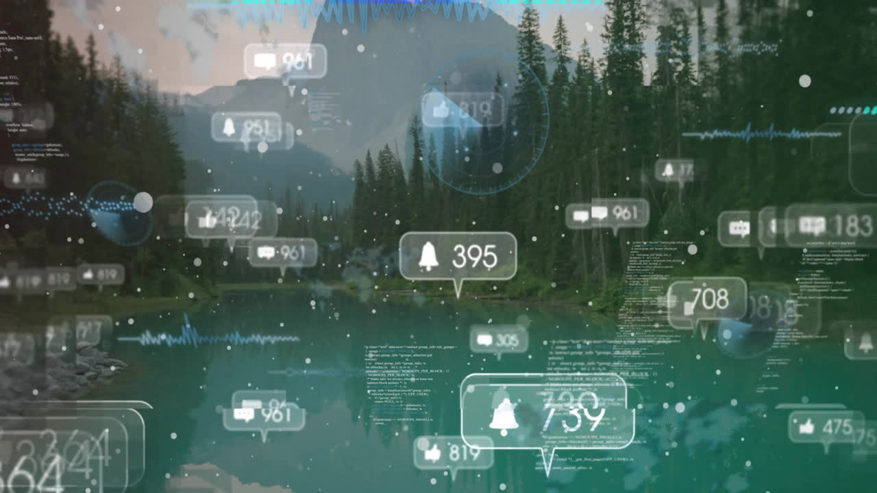 Animation of social media icons with numbers and light spots over mountain landscape