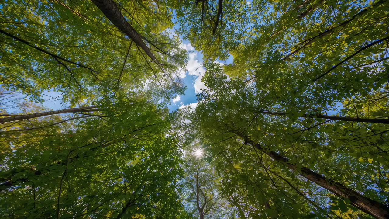 Visualizzazione della chioma di un albero che si muove verso l'alto, ondeggiando per la brezza e le nuvole nella foresta, alti tronchi, raggiera, cavo