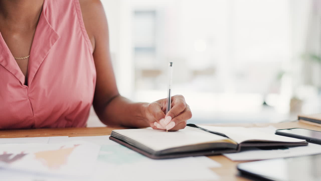 Woman, hands and writing business strategy