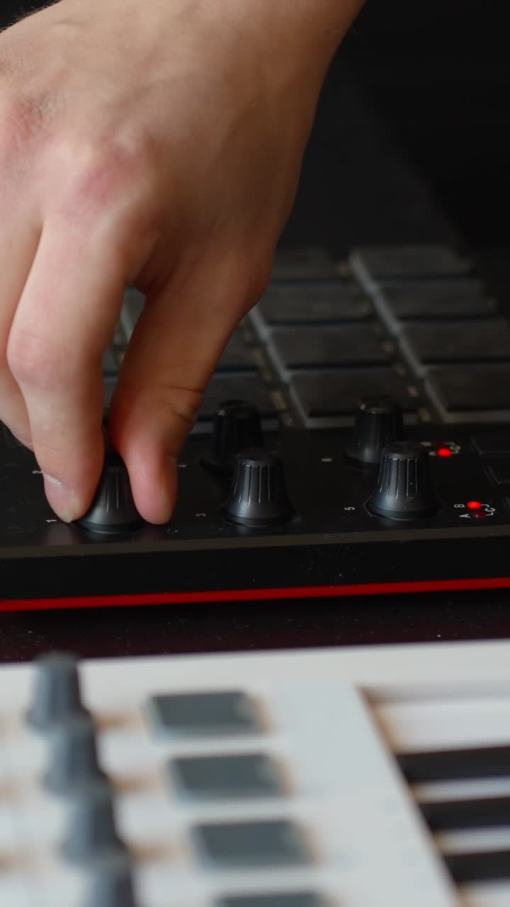 Close-up of hands adjusting knobs on a music FX controller device