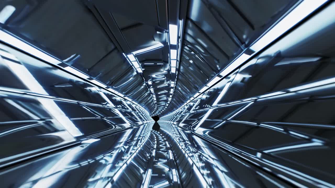 Futuristic Tunnel with Reflective Metal and Glowing Lights