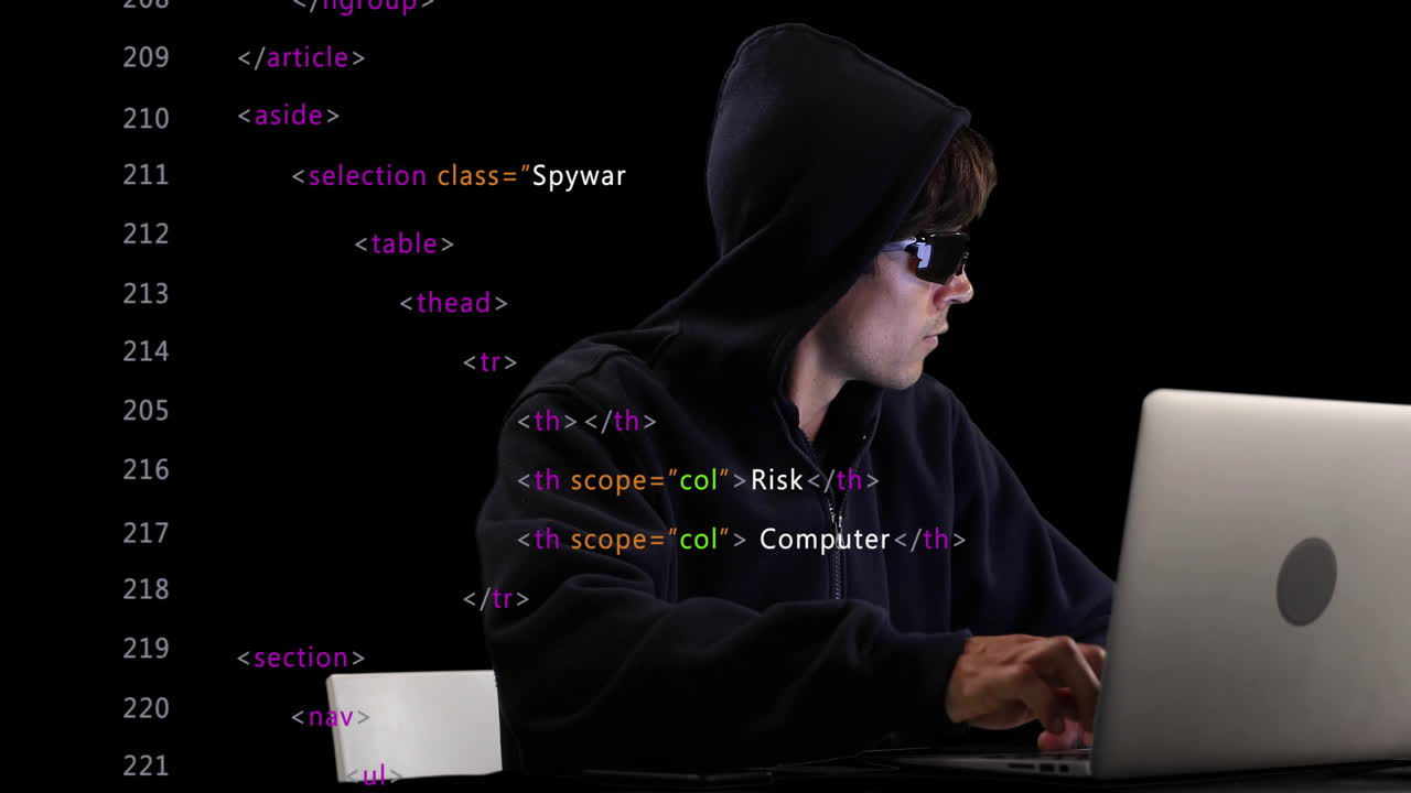 Animation of data processing over male computer hacker using laptop