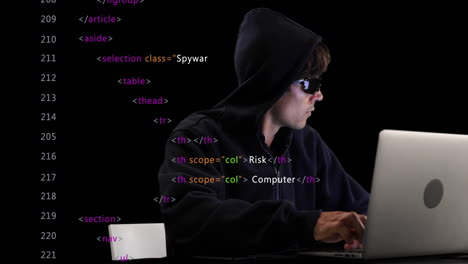 animación de procesamiento de datos sobre un hacker de computadora masculino usando una computadora portátil