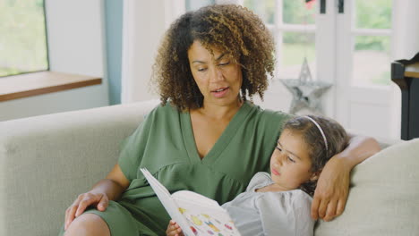 Madre-E-Hija-Sentadas-En-El-Sofá-En-Casa-Leyendo-Un-Libro-Juntas