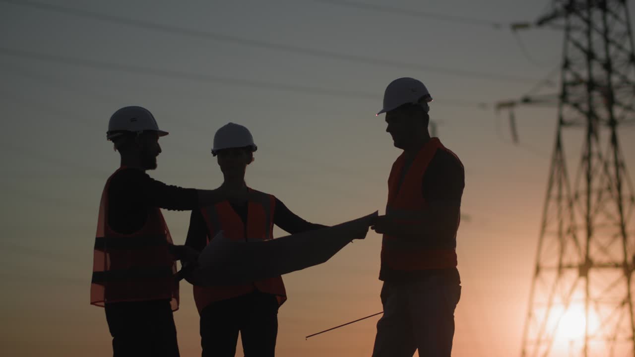 estructura de torres eléctricas, jóvenes ingenieros profesionales están discutiendo el proyecto de la planta eléctrica telón de fondo de la puesta de sol, silueta