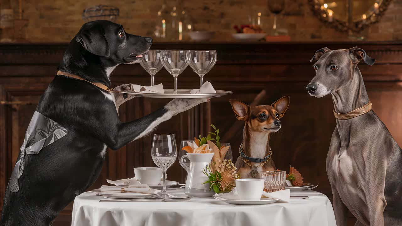 En svart hund som kommer in från vänster, bär fluga och håller en bricka med glas vid ett matbord och serverar hundar