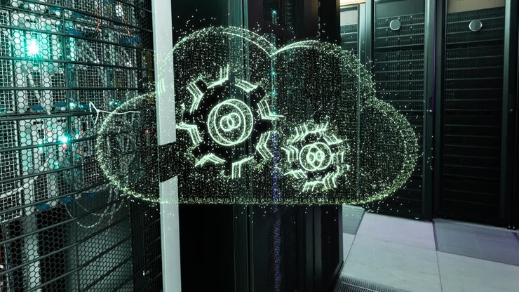Animation of connected dots forming mechanical gears in clouds over server racks in server room