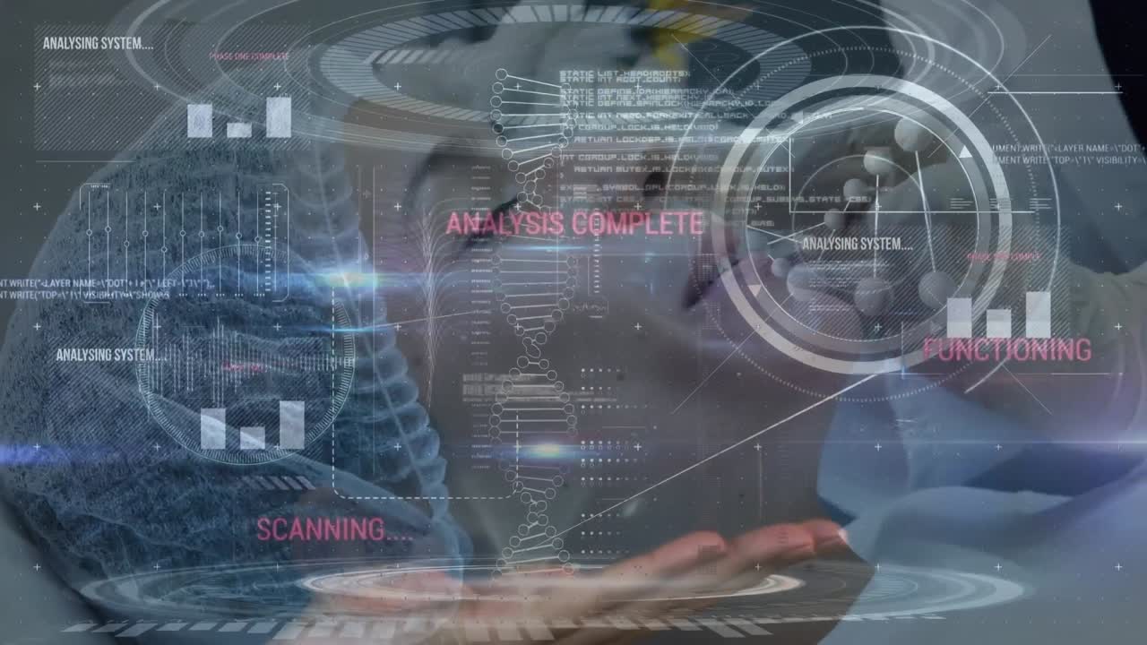Animation of medical data processing over caucasian woman getting botox treatment on her face
