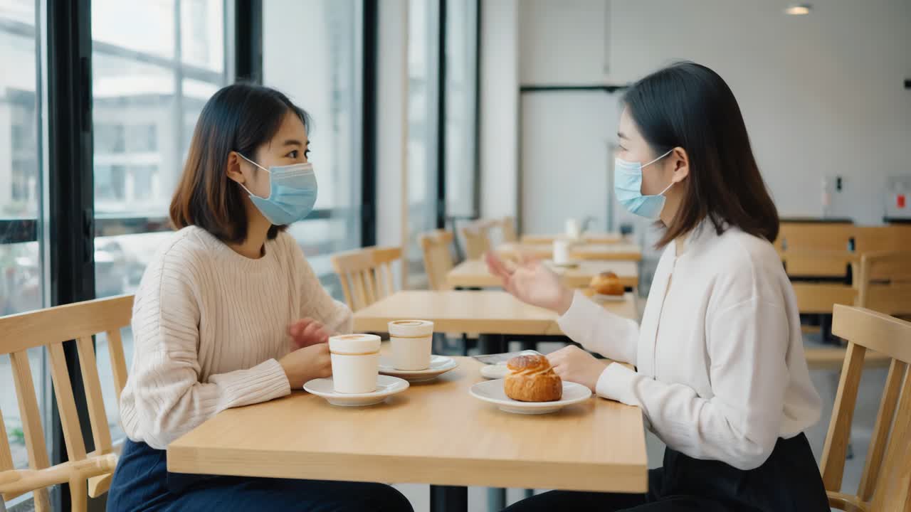Two women wearing masks in a cafe