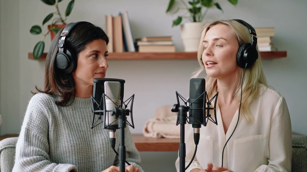 Opptaket starter, blond programleder snakker og gestikulerer i hjemmestudio for podkast med mikrofoner.