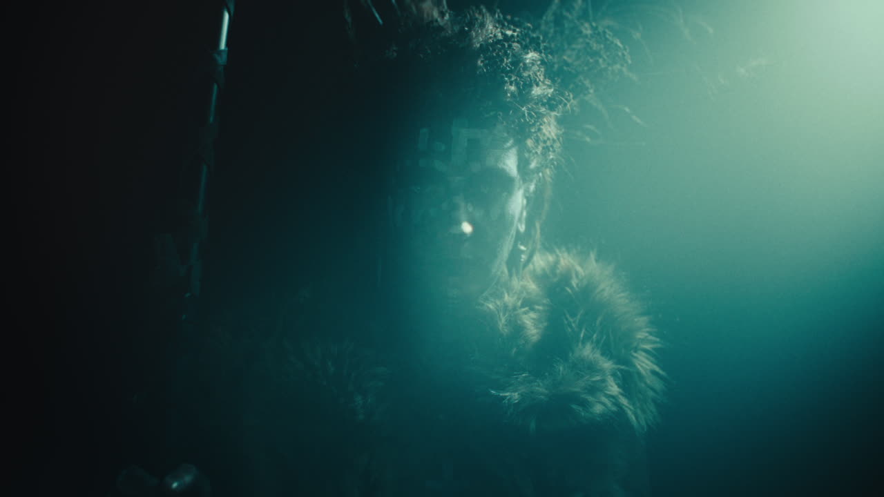 A creepy witch rises her head during the night storm