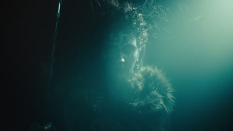 a creepy witch rises her head during the night storm
