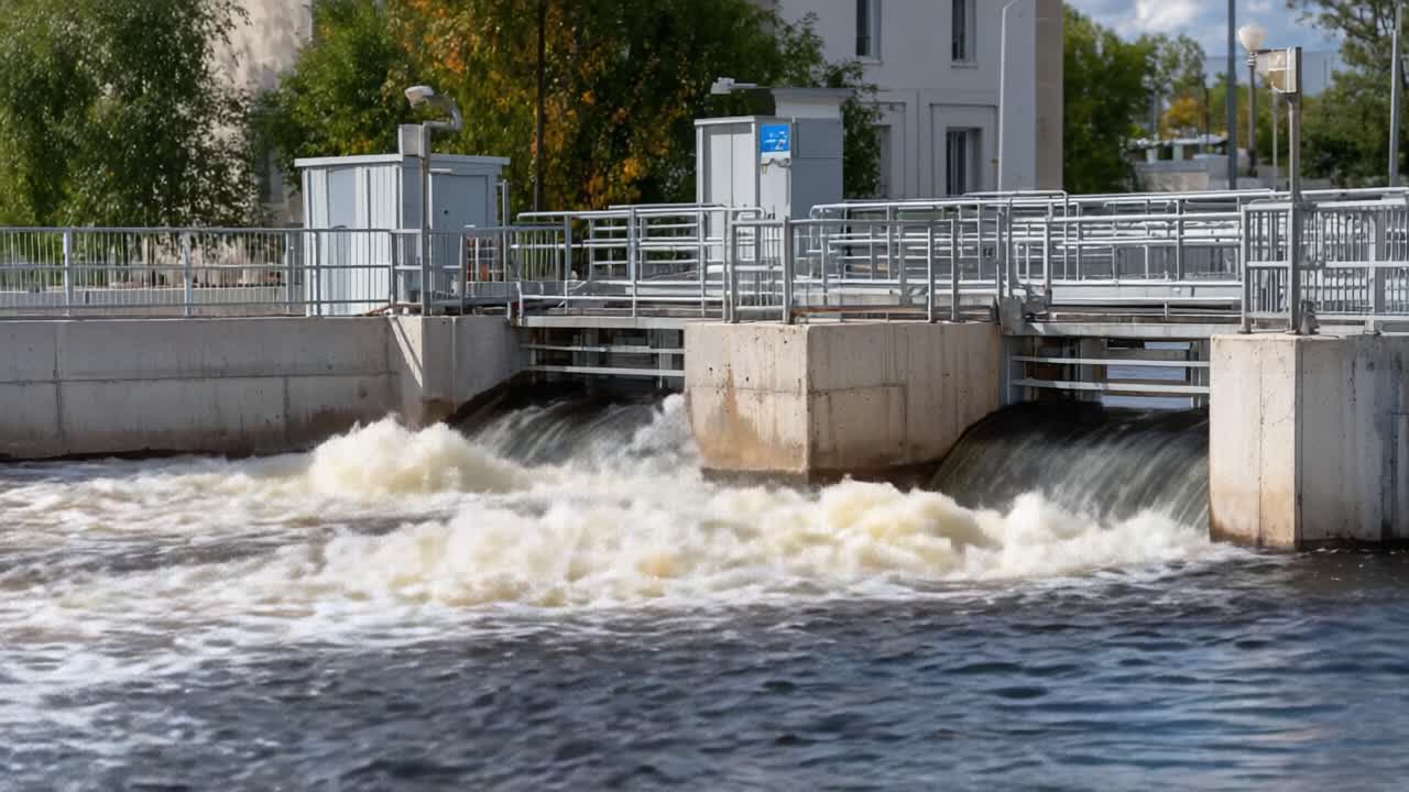 Flowing Water and Infrastructure: A Series of Images Depicting the Movement of Water Through a Control Structure on a Calm River