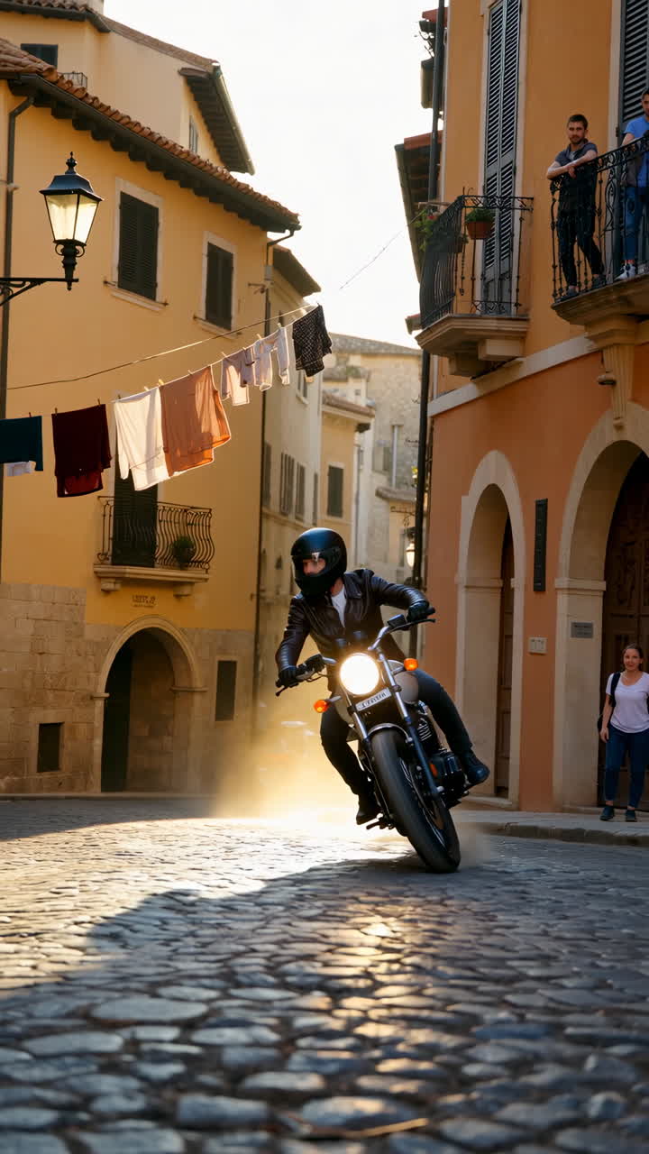 Motorcyclist Riding Through an Old European Cobblestone Street with Dust