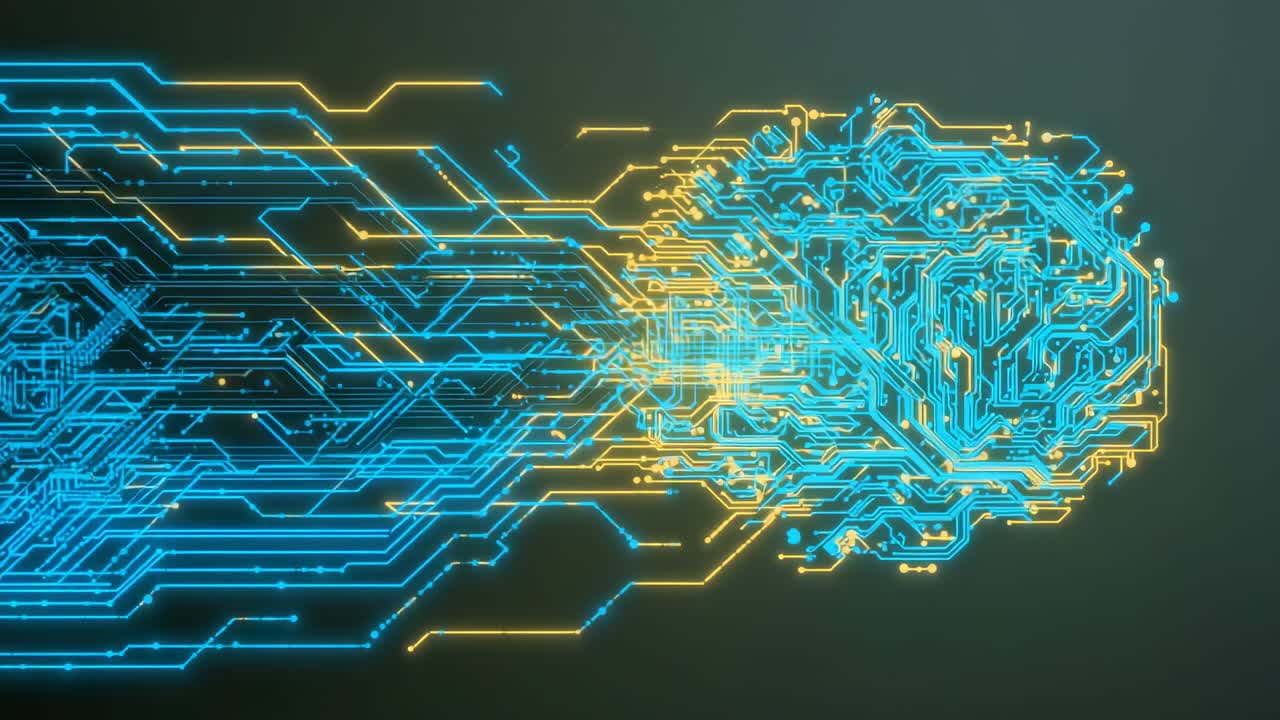 Streaming blue traces initiating yellow lines forming hub in digital space, emphasizing data flow