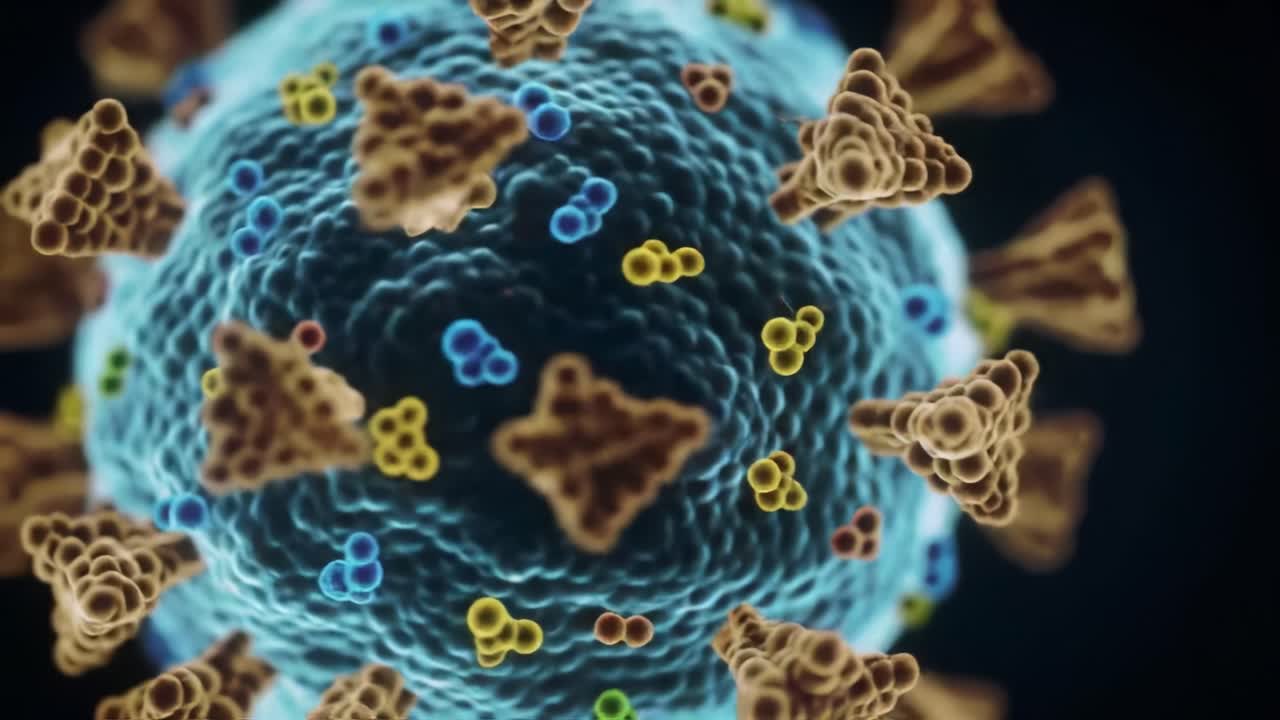 Microscopic View of a Virus with Colorful Spike Proteins and Genetic Material: A Detailed Exploration of Virology and Pathogen Structure.