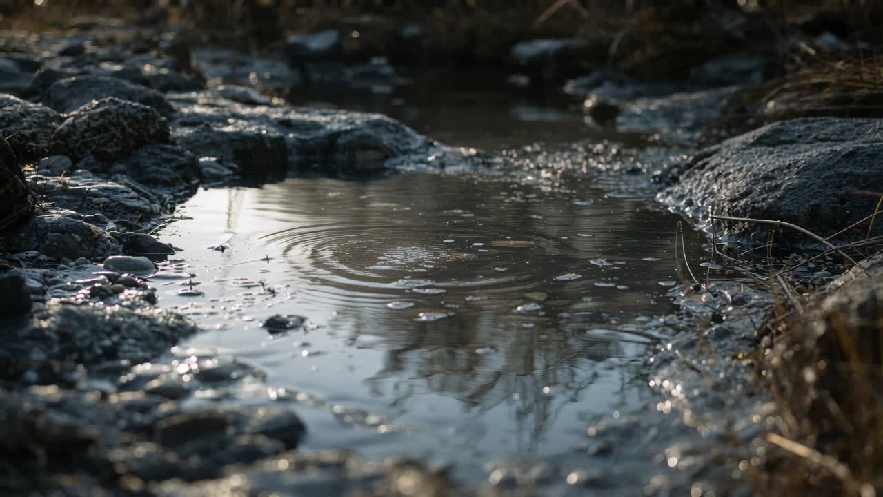 Rippling shallow pool reacting to falling droplets on pebbled marsh, forming rings and foam