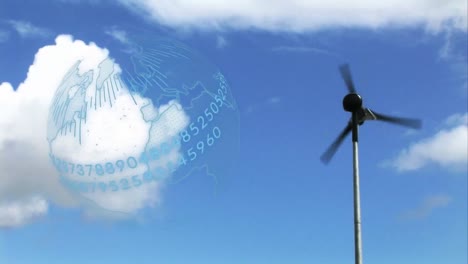 Animation-of-globe-with-numbers-over-wind-turbine-in-countryside