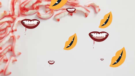 animation of halloween vampire teeth moving over sweets on grey background