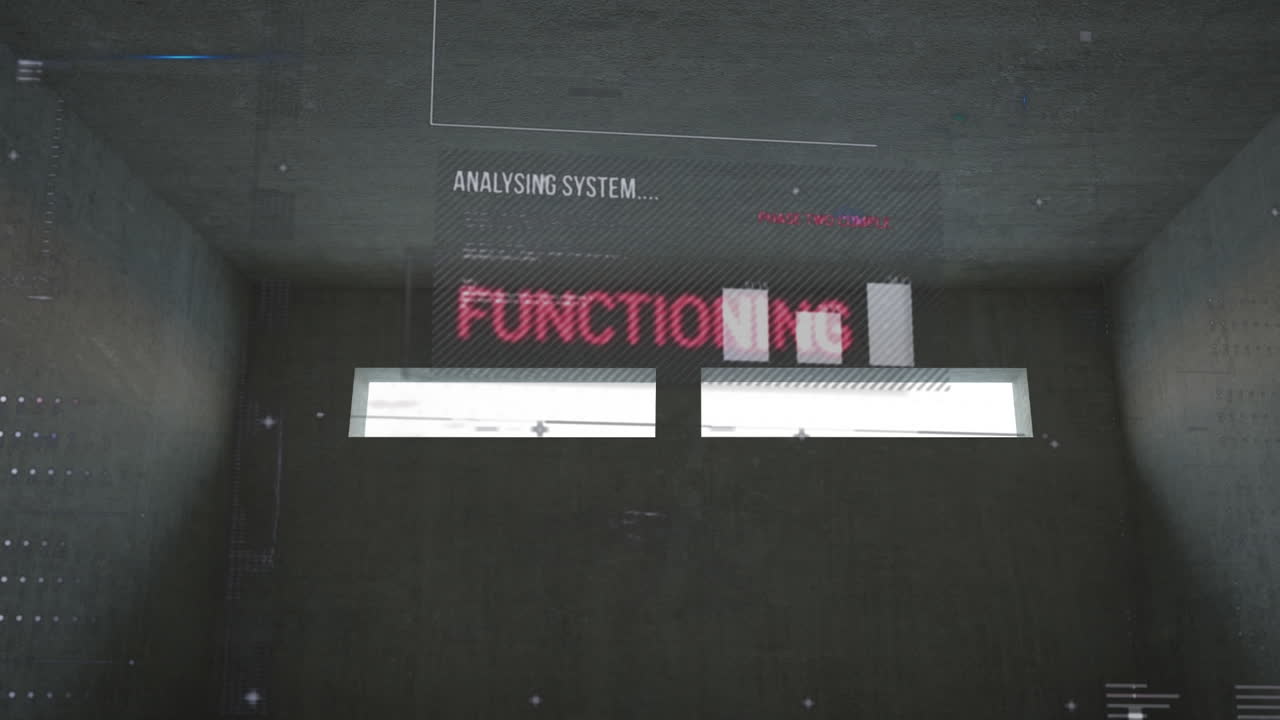 Animation of analysis text and data processing on grey background