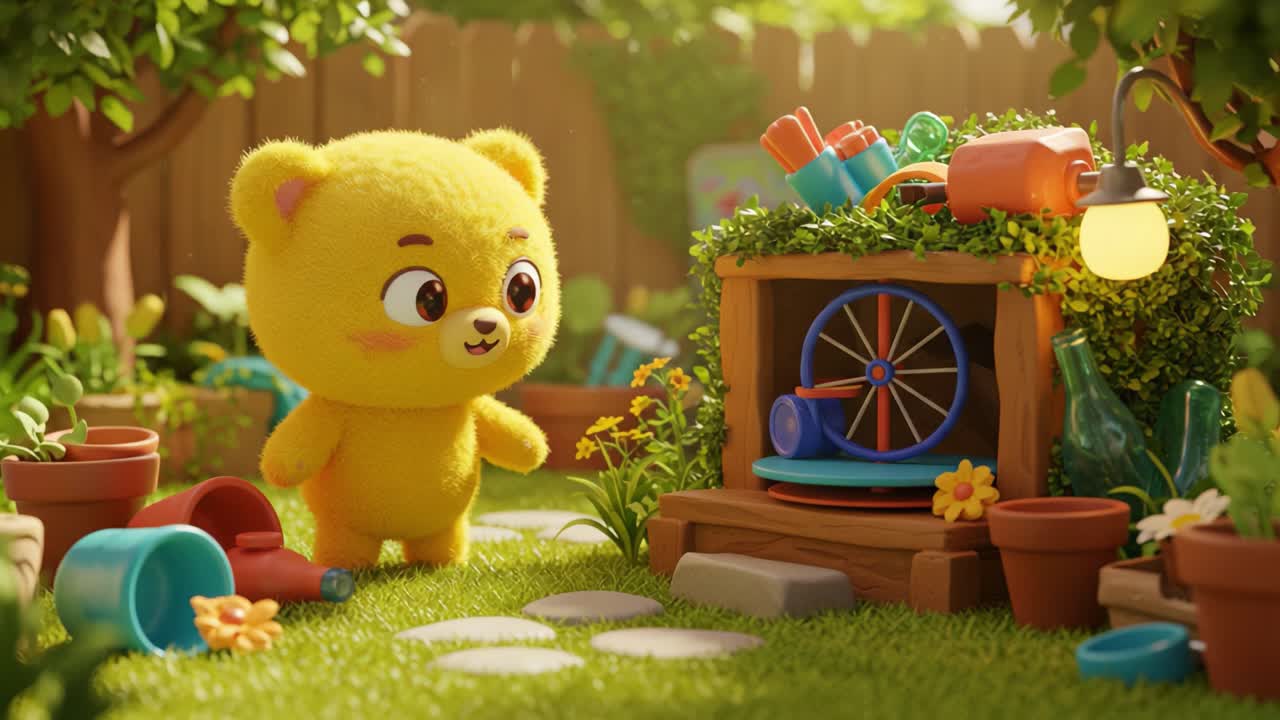 A Cute Yellow Bear Explores a Vibrant Garden Full of Playful Colors, Fascinating Tools, and Lush Greenery, Creating a Whimsical and Joyful Atmosphere