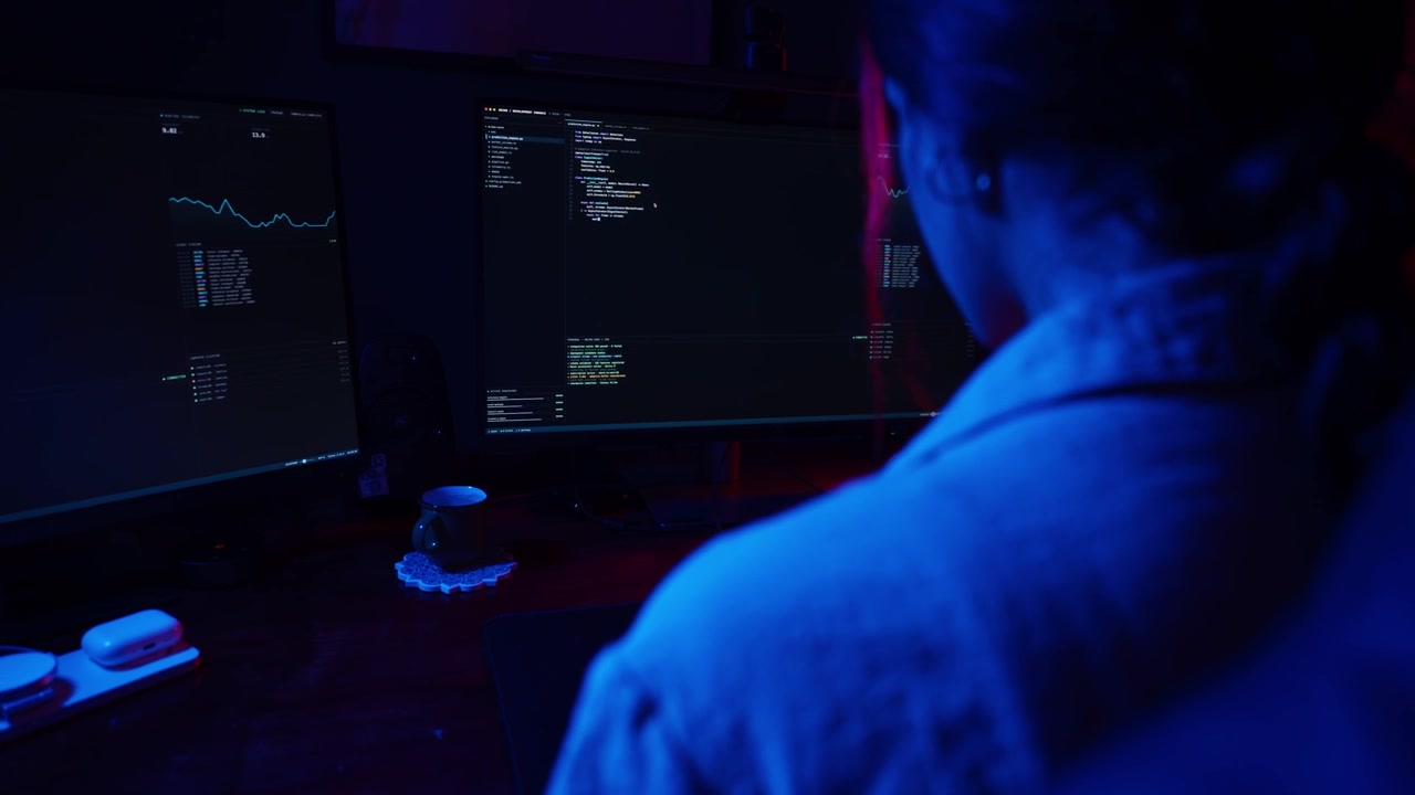 Software Developer Working on Code at Night in Dark Office