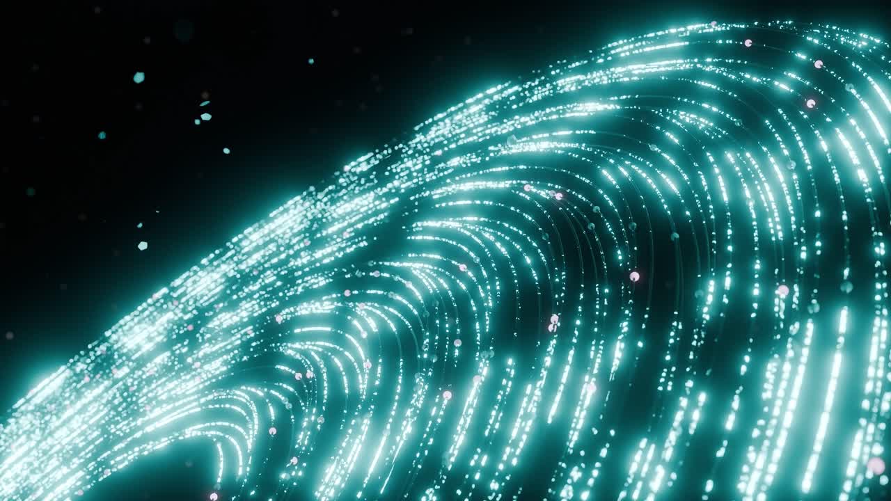 Abstract wave of glowing blue particles and light trails on black background. Futuristic technology and data flow concept. Design for poster, wallpaper, banner, vertical