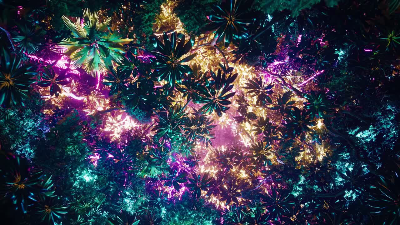Aerial video shot of a vibrant, neon-lit forest canopy. The colorful lights create a surreal