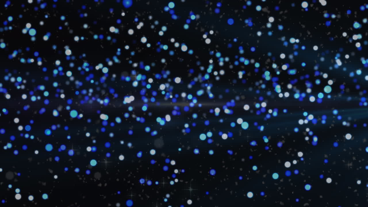 검은색 배경 위에 눈송이와 반이는 파란색 반점의 애니메이션